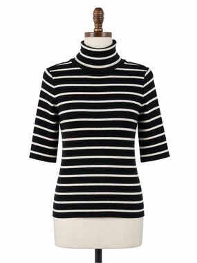 Madewell Ribbed Turtleneck Tee in Merino Wool black ivory stripe Size M NWT